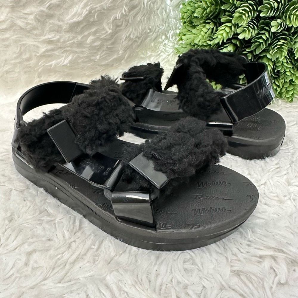 Melissa Papette Fluffy Rider Faux‎ Shearling Sandals in Black sz 5 USA new